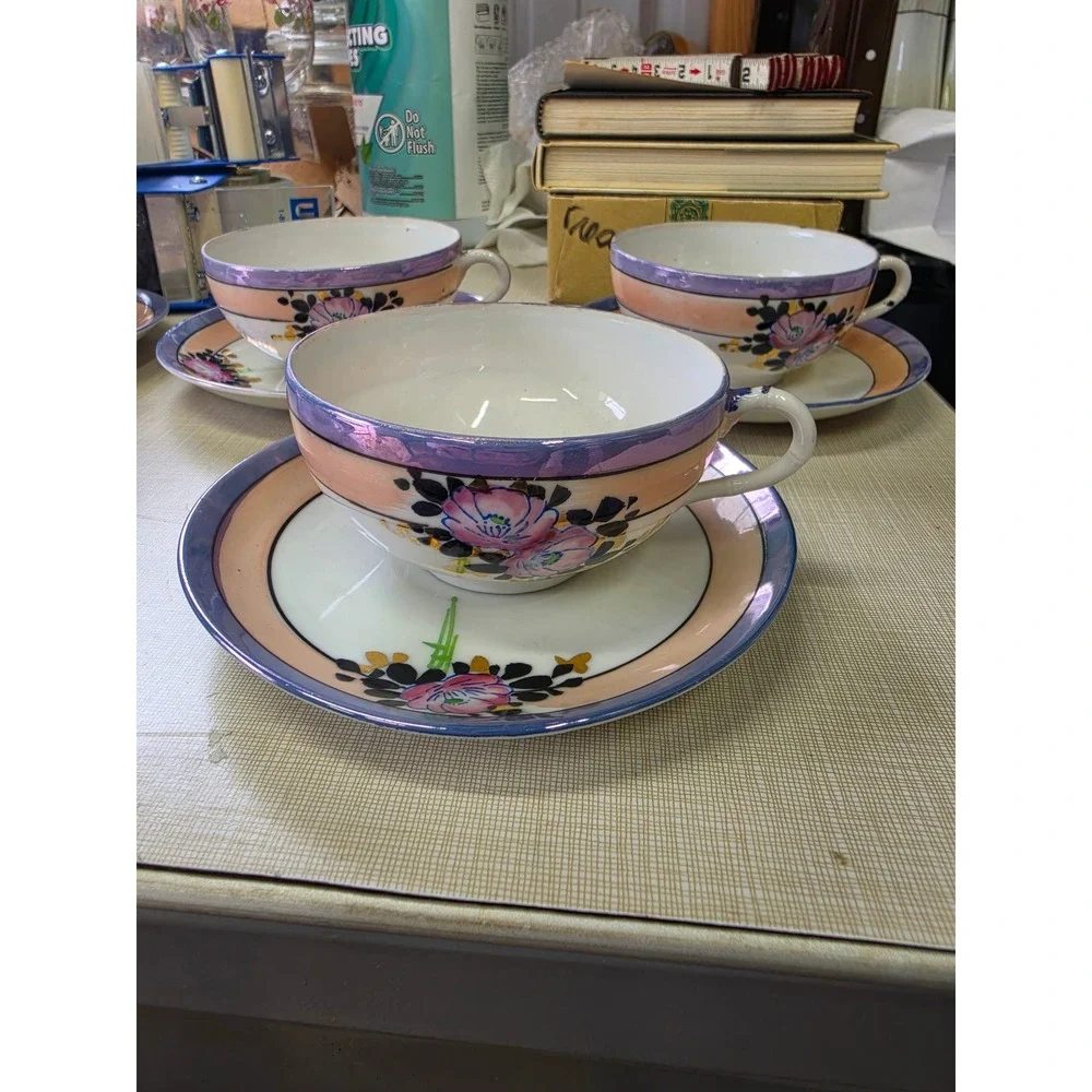 Vintage Japanese Lusterware Tea Cup and Saucer Set Hand Painted Floral 10 Piece